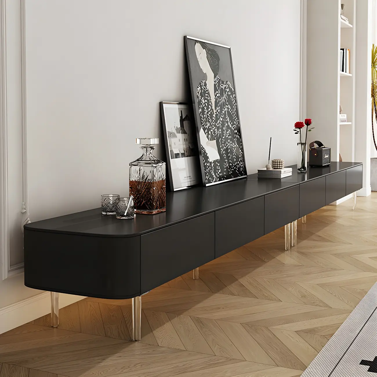 87 Modern Black Wooden Long TV Stand with Drawers