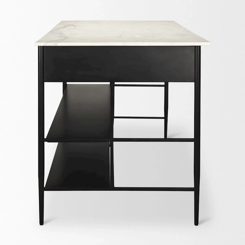 White Marble Kitchen Island with Black Metal Frame - 3 Drawers