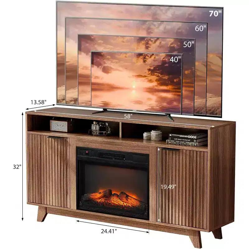VINGLI Fireplace TV Stand for up to 70 inch TVs, Fluted Entertainment Center with Electric Fireplace Heater & Adjustable Shelves  Open Cabinet