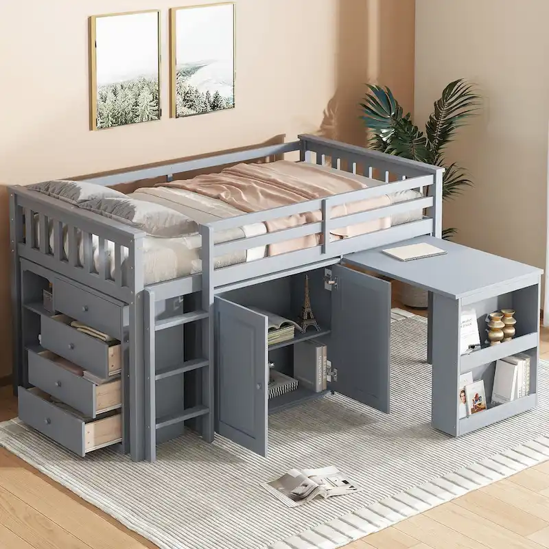 Twin Loft Bed with Pull-Out Desk, 2 Cabinets, 4 Drawers & Shelves