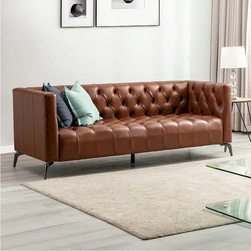 Transitional Genuine Leather Sofa with Metal Legs and Tufted Back