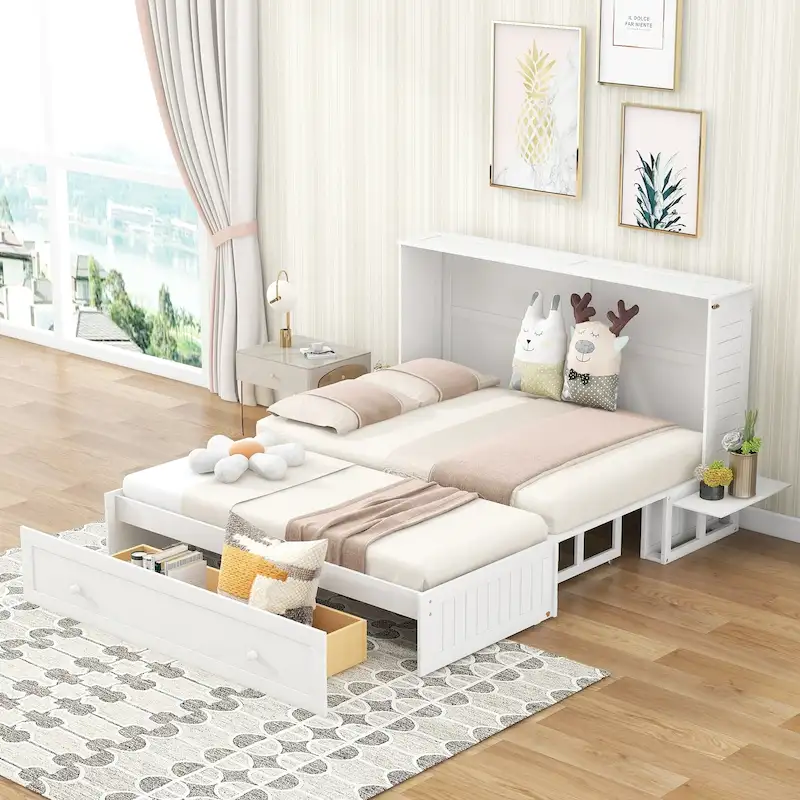 Nestfair White Queen Size Mobile Murphy Bed with Drawer and Shelves
