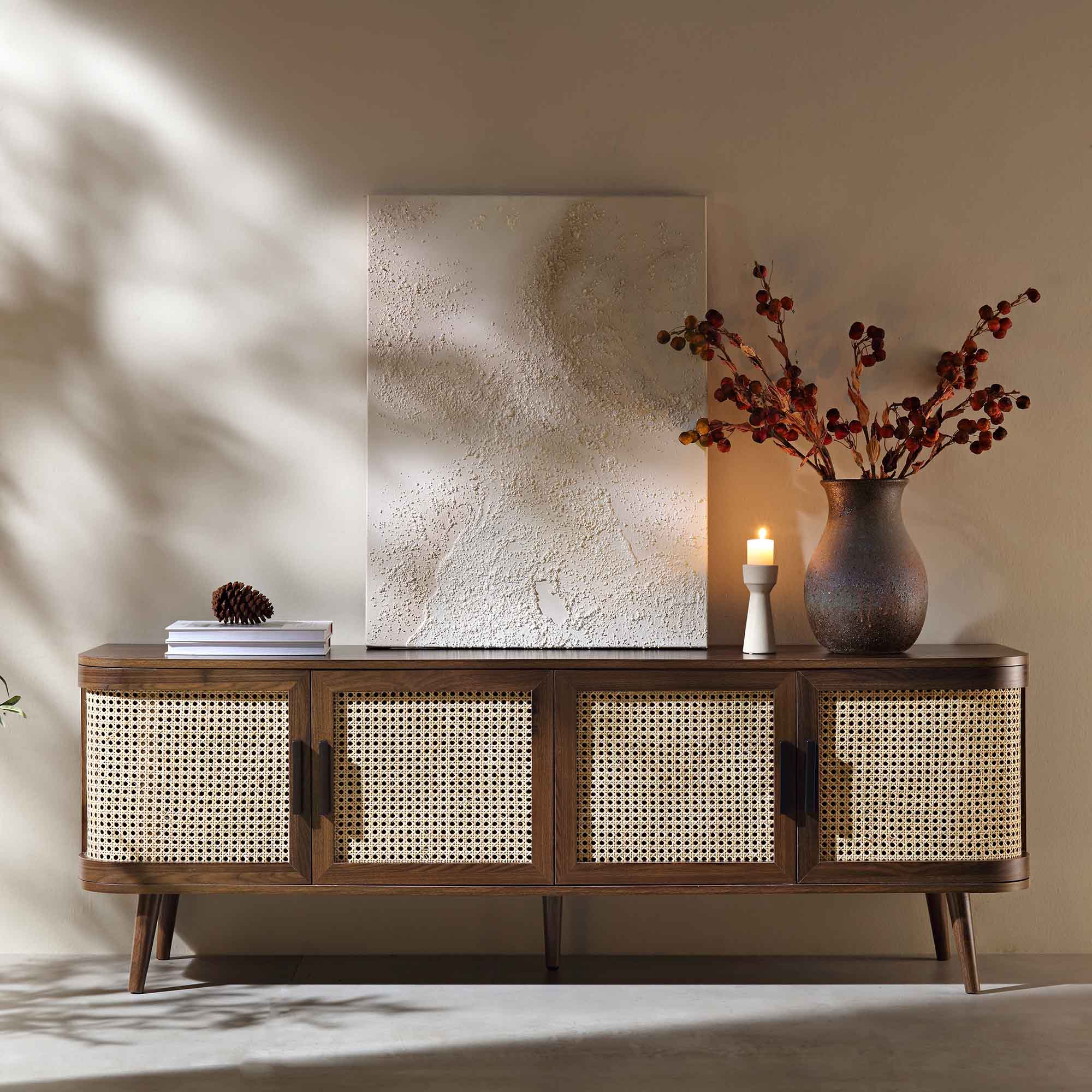 Curved Rattan 63 Wide TV Unit, Walnut