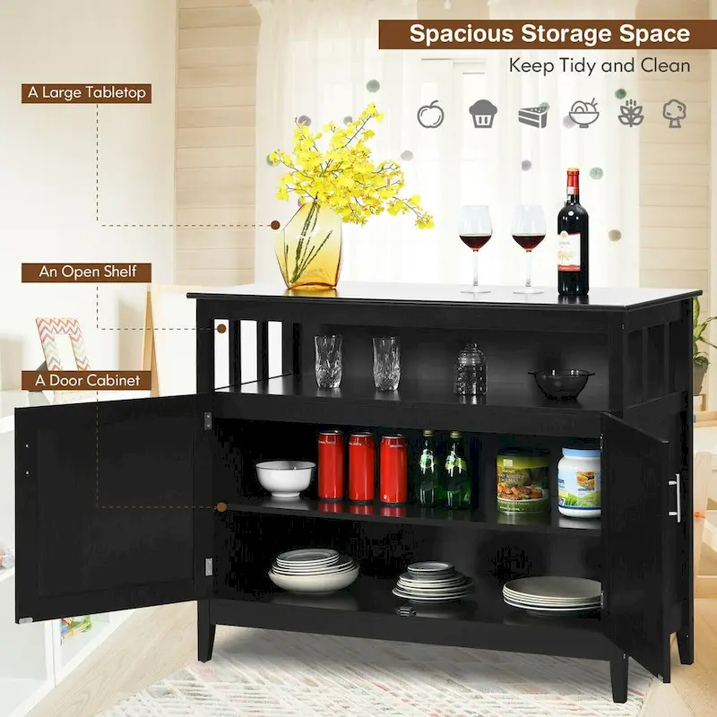 Black 2-Door Kitchen Storage Cabinet, MDF & Pine Wood
