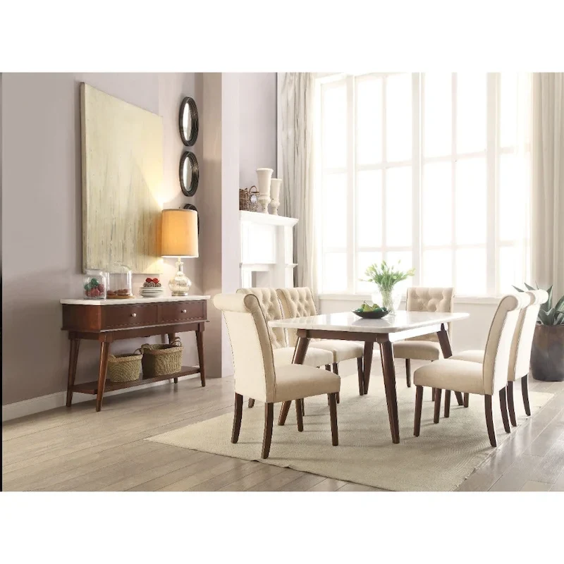Dining Table with White Marble Top and Walnut Brown Wood Base