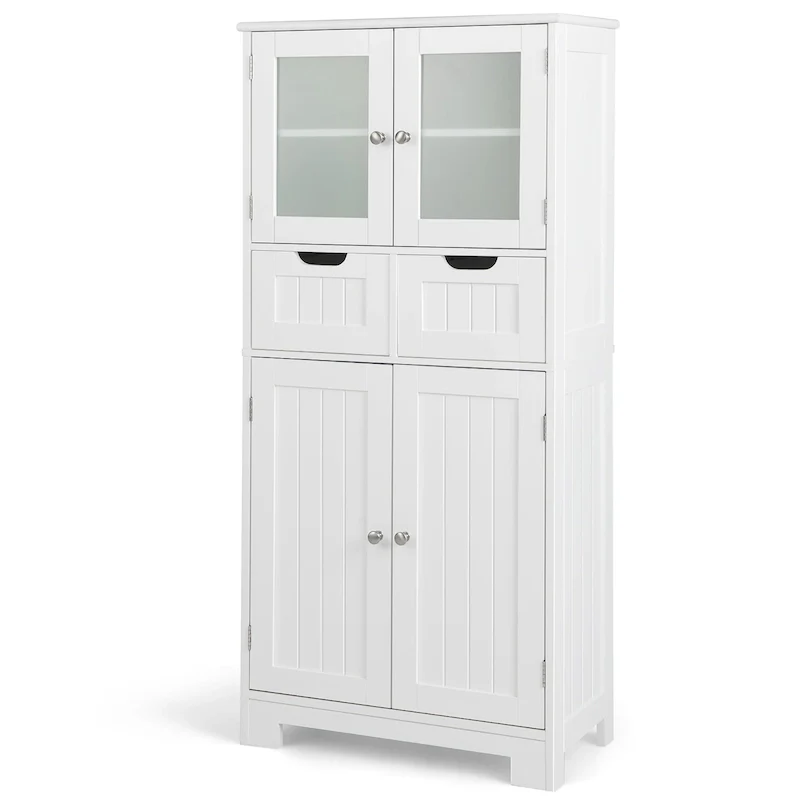 White/Grey/Black 4-Door Floor Storage Cabinet with 2 Drawers & Glass Doors, Single