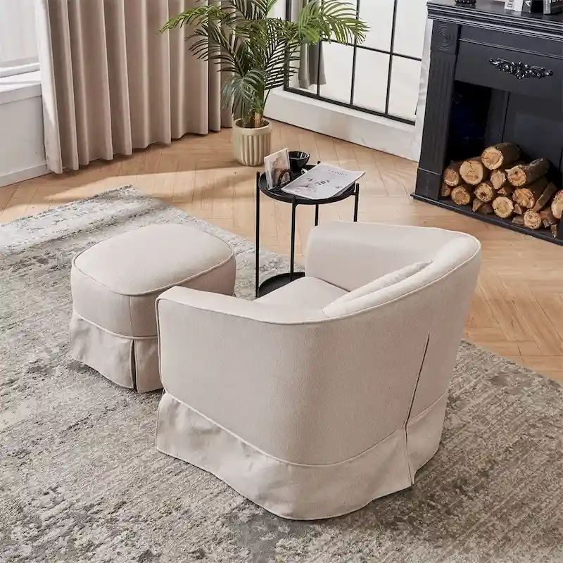 Swivel Barrel Chair with Ottoman and Black Metal Base