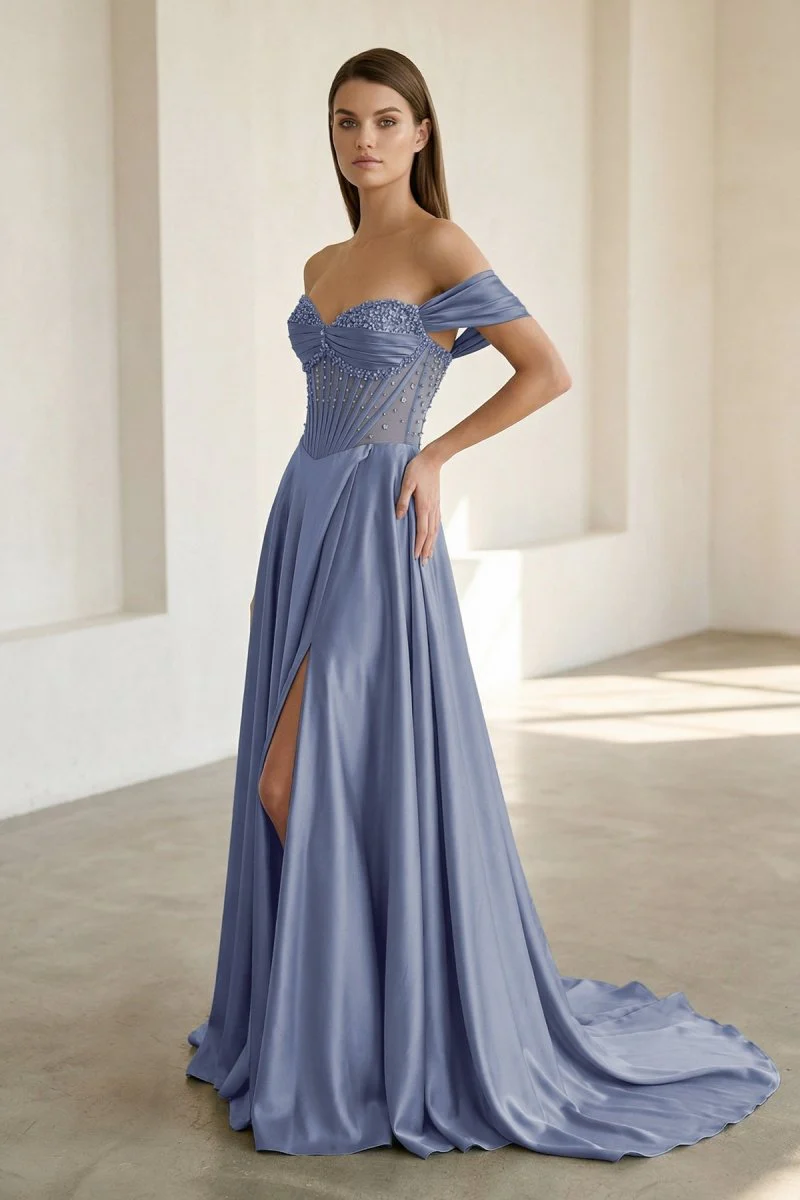 Sage Off The Shoulder A Line Satin Beaded Prom Dresses With Slit