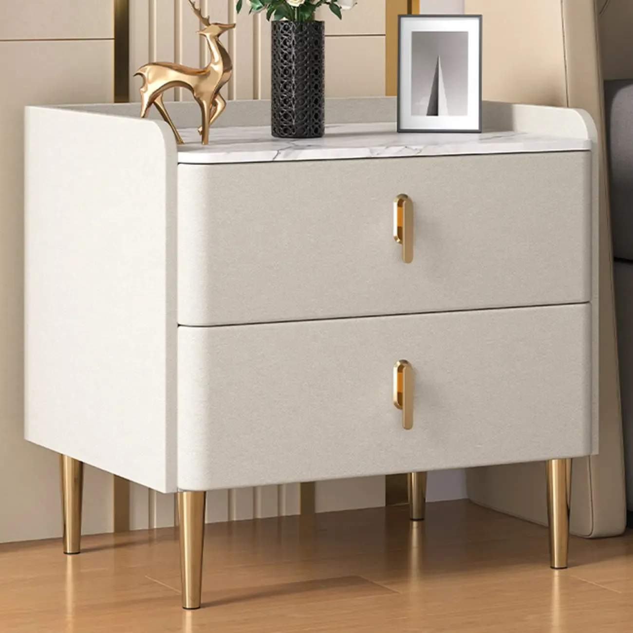 Modern Stone Top Leather Drawers Nightstand with Golden Legs