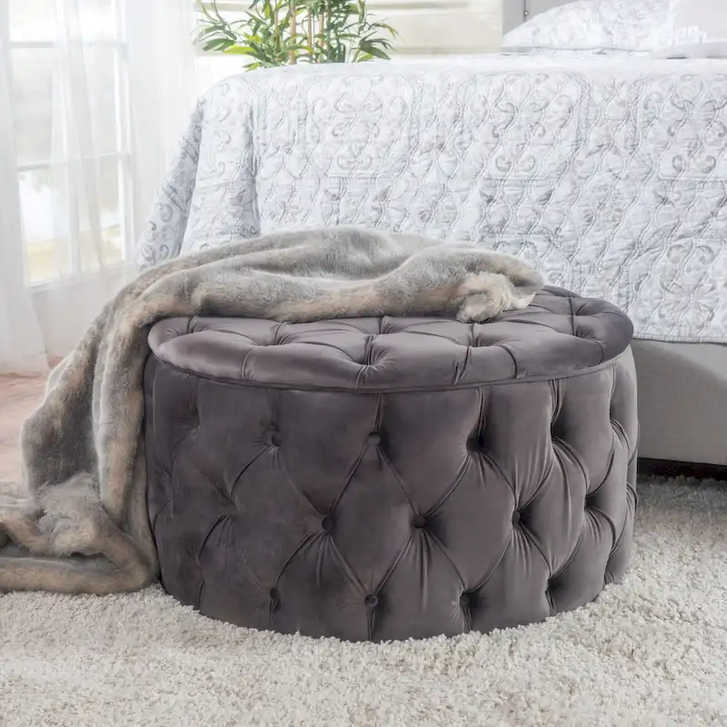Modern Glam Tufted Velvet Round Ottoman