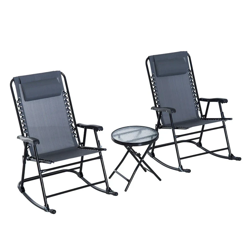 Outsunny 3 Piece Outdoor Rocking Bistro Set with Glass Coffee Table