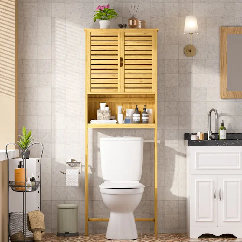 VEIKOUS Bamboo Over The Toilet Storage Cabinet Cupboard Bathroom Organizer with Adjustable Shelf and Double Doors