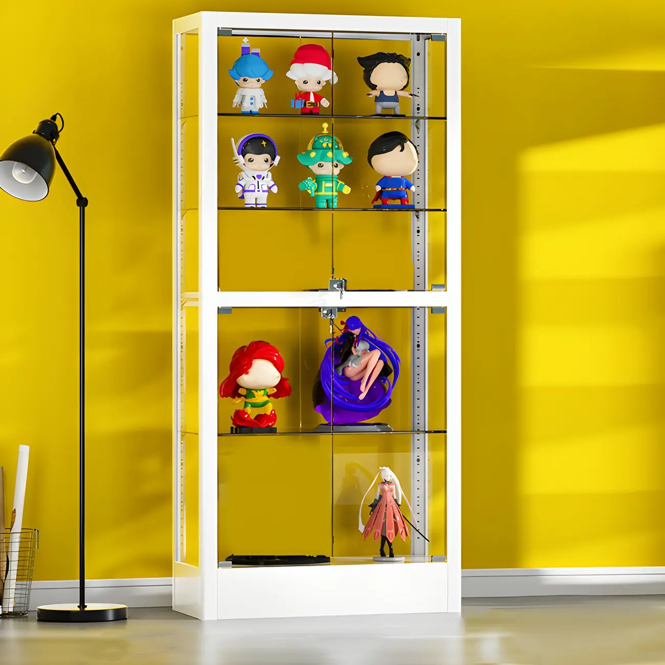 Adjustable Shelves White Glass Locking Curio Cabinet