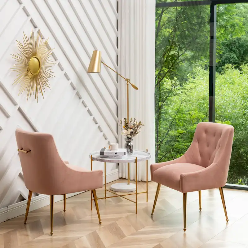 SEYNAR Modern Boucle Velvet Upholstered Accent Dining Chair Set of 2 Tufted Back Armless Chair with Golden Legs