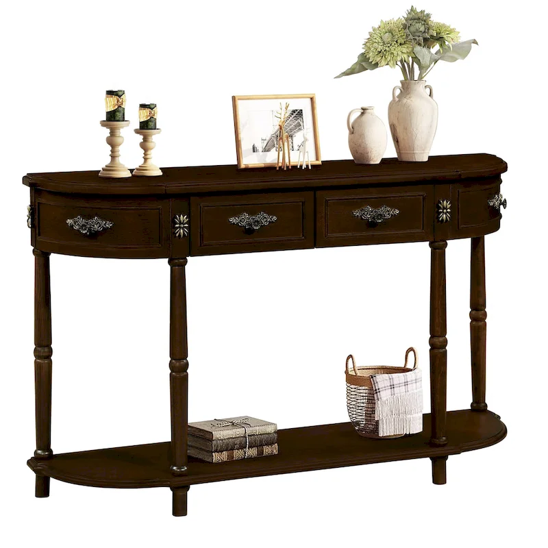 52 inch Circular Half Moon Sofa Table with Open Shelf and 2 Drawers