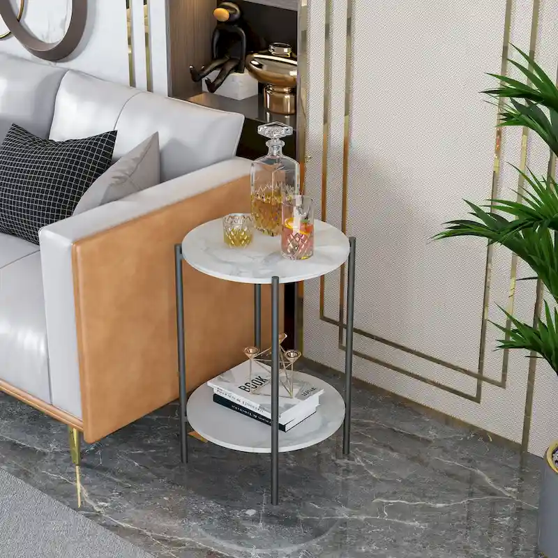 2-Tier Round Marble Side Table with Black Metal Frame