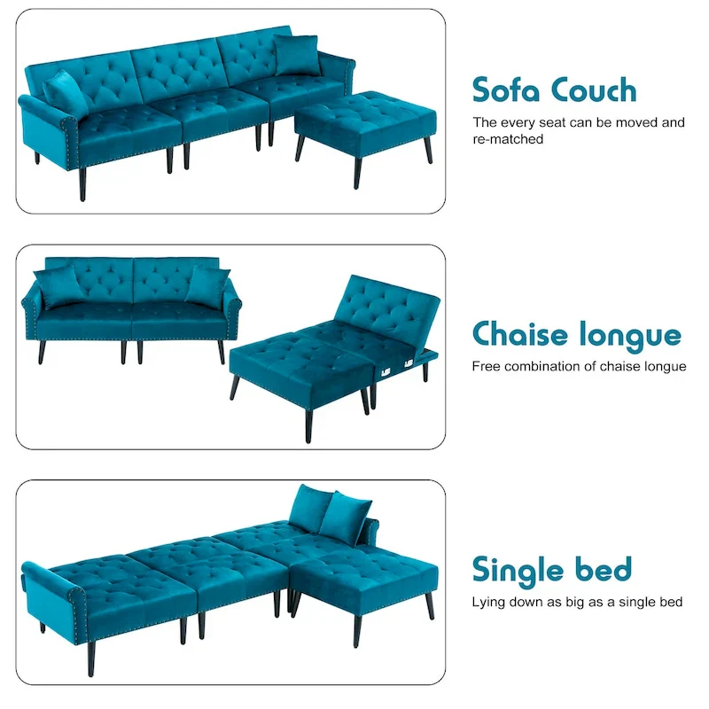 Convertible Velvet Sofa Couch, Sectional Sofa with Ottoman, Mid-Century Futon Sofa Bed - 32D x 100.7W x 29.9H