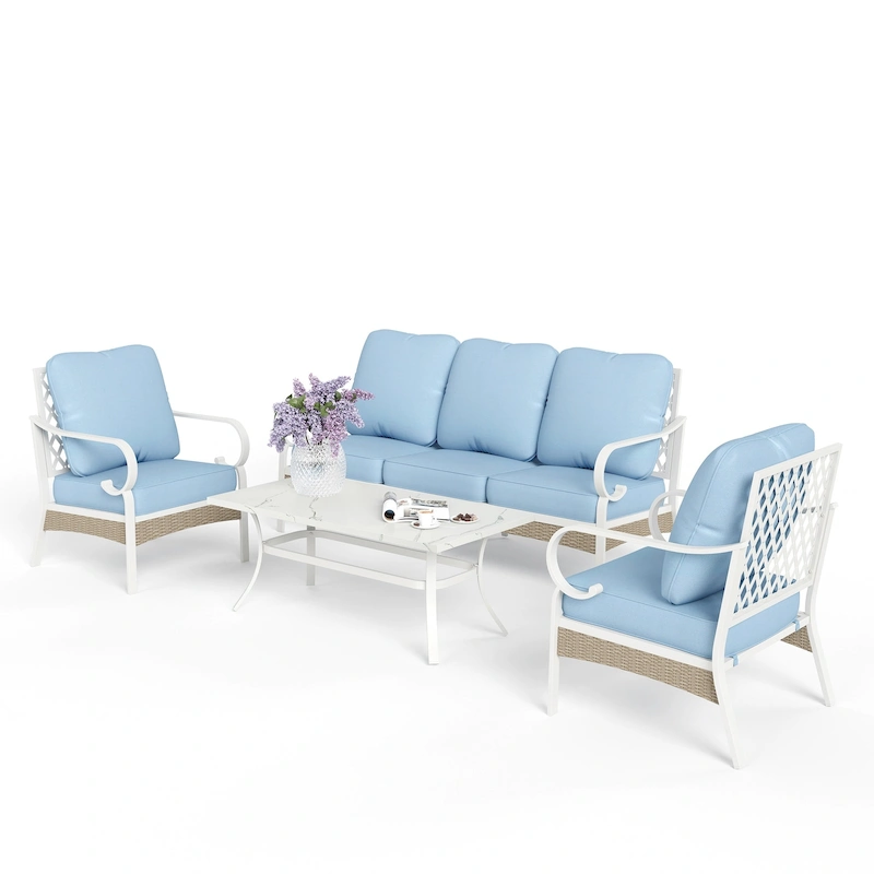 MAISON ARTS 5-Seat Patio Furniture Set, 2 x Cushioned Metal Chair, 1 x 3-Seat Sofa with Marbling Coffee Table