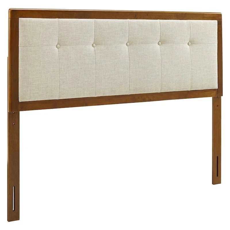 Marlin Traditional Beige Fabric Button Tufted Queen Size Walnut Wooden Headboard