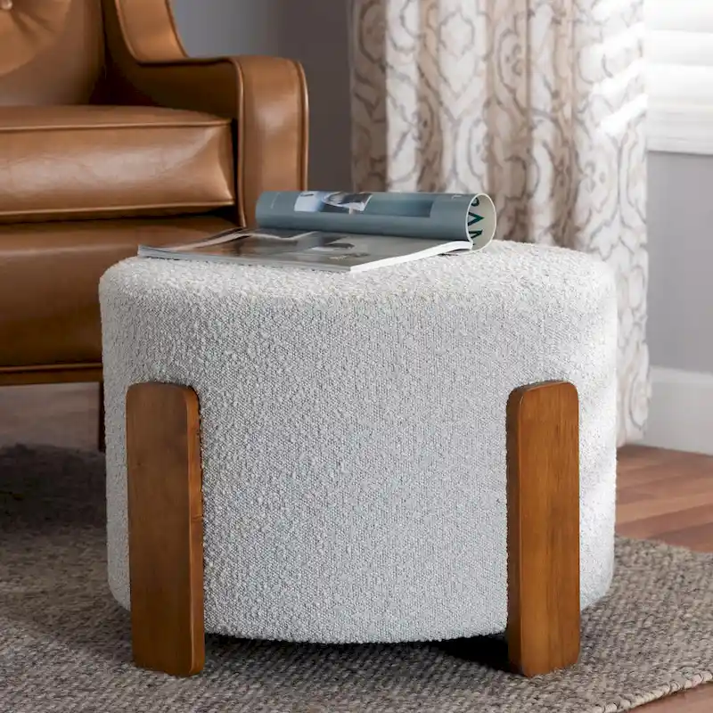 Finlay Modern Japandi Boucle Fabric and Wood Ottoman Footstool