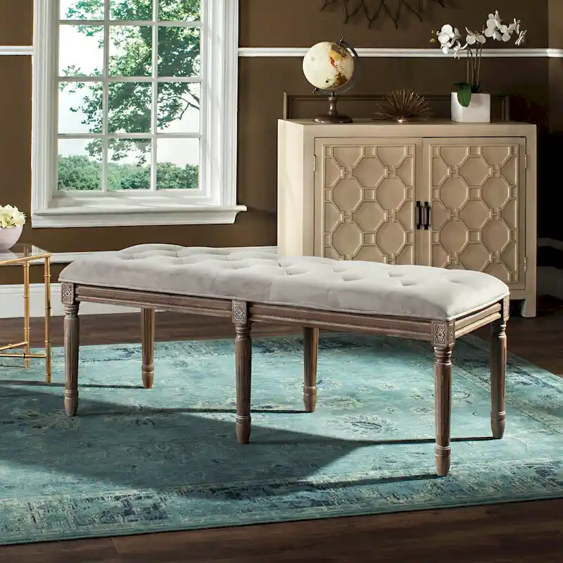 French Brasserie Tufted Rubberwood Bench in Rustic Oak Finish — 47