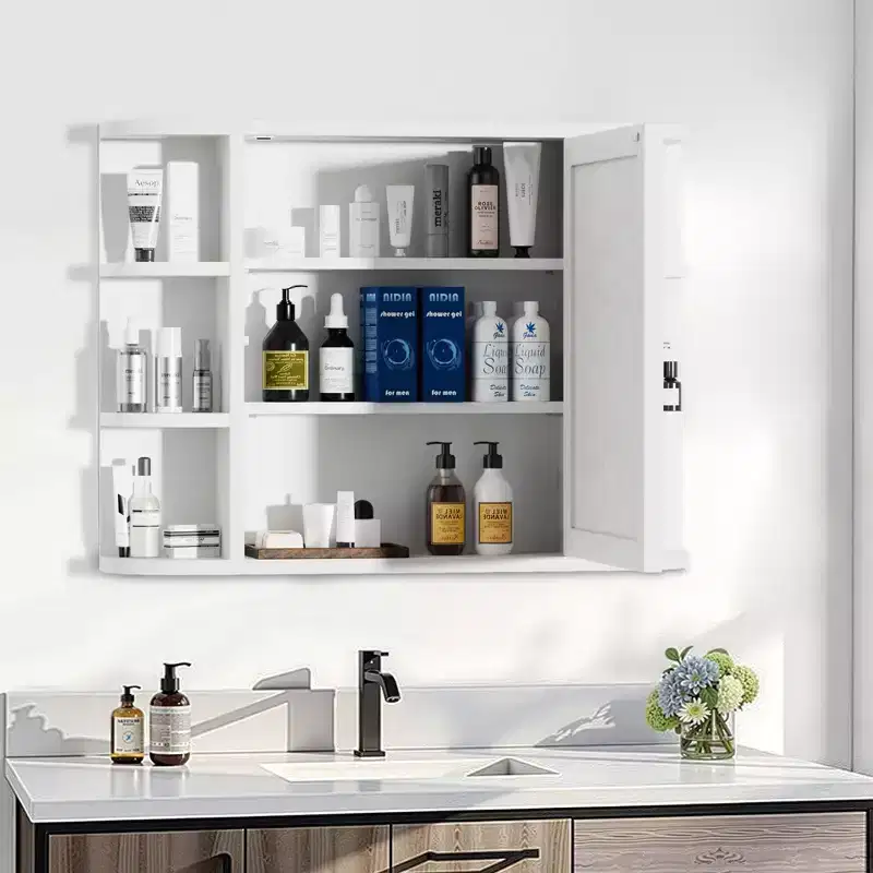 PexFix 31.5 x 23.6 Wooden Bathroom Medicine Cabinet with Mirror Wall Mirror Storage Cabinet with Doors and 6 Open Shelves for Over Sink White