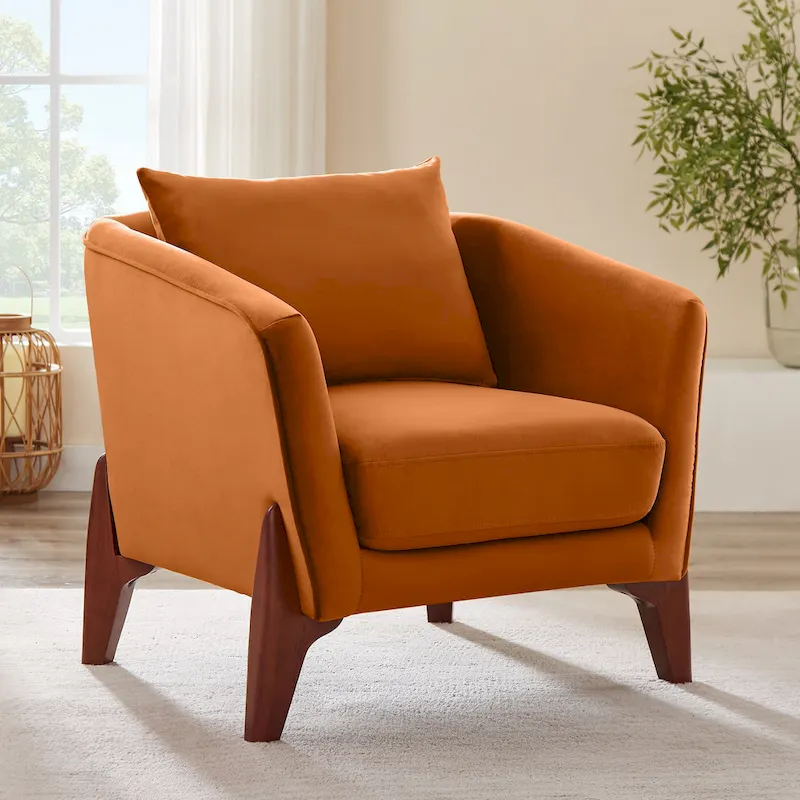 Mid-Century Modern Upholstered Accent Armchair with Rubber Wood Legs