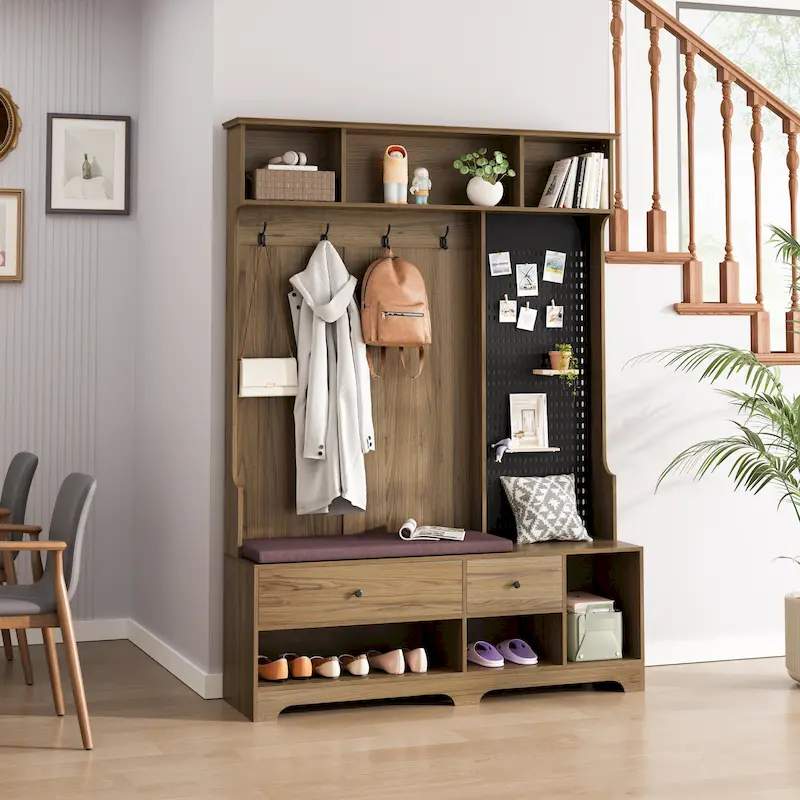 Multi-purpose Hallway Hall Tree with Removable Linen Cushioned Entryway Bench, Coat Rack, Storage Shelves, and DIY Pegboard