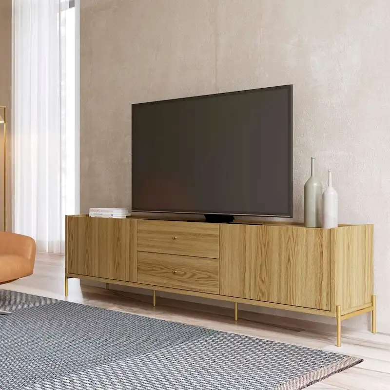 Off-White & Oak TV Console, 2 Doors & 2 Drawers, Gold Legs