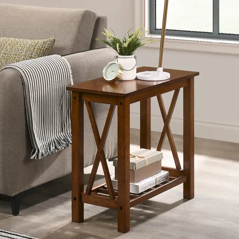 Farmhouse Faux Marble Side Table with Shelf - Dark Grey/White/Brown/Oak