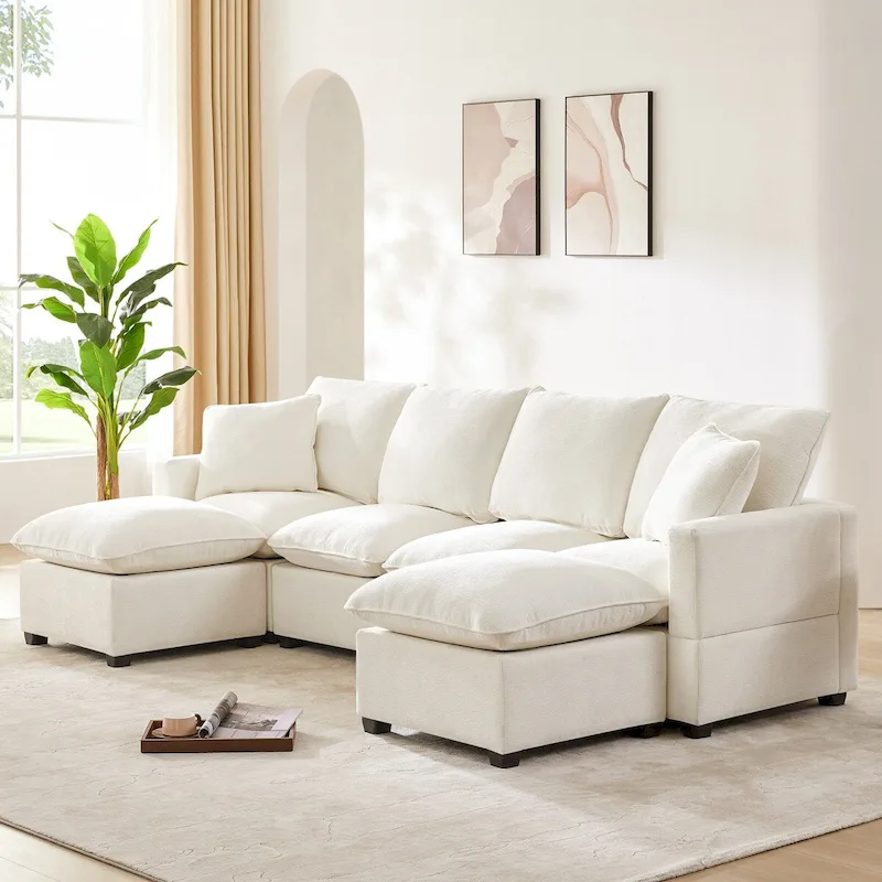 Modern 6-Seat U-Shaped Modular Sectional Sofa with 2 Pillows