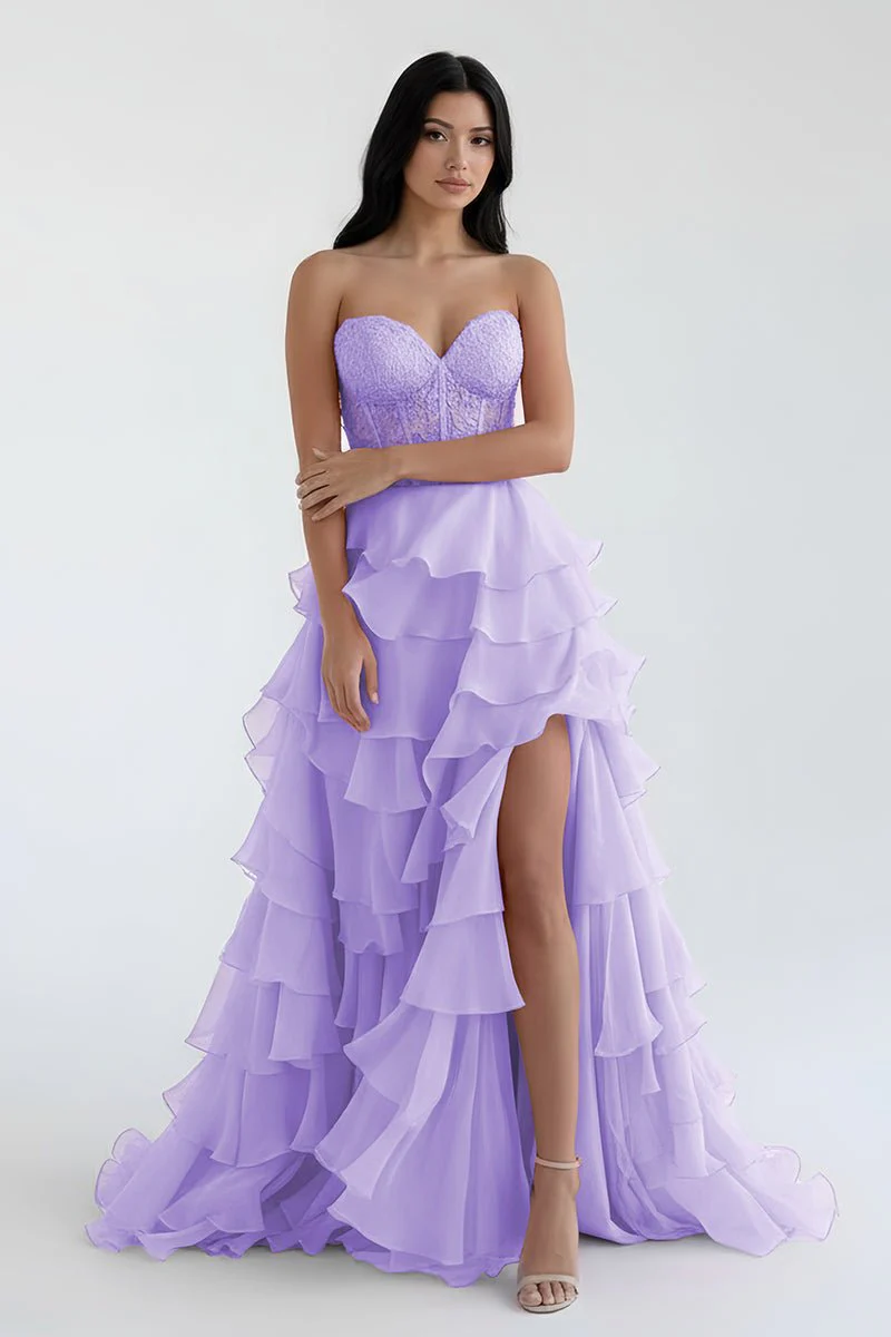 Royal Blue Chiffon Sweetheart Ruffle Tiered Long Prom Dress