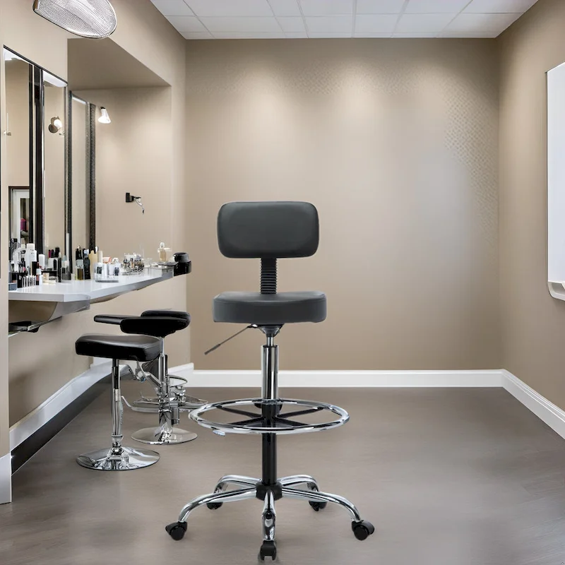 Height Adjustable Drafting Stool - With Premium Leather, Rolling Wheels