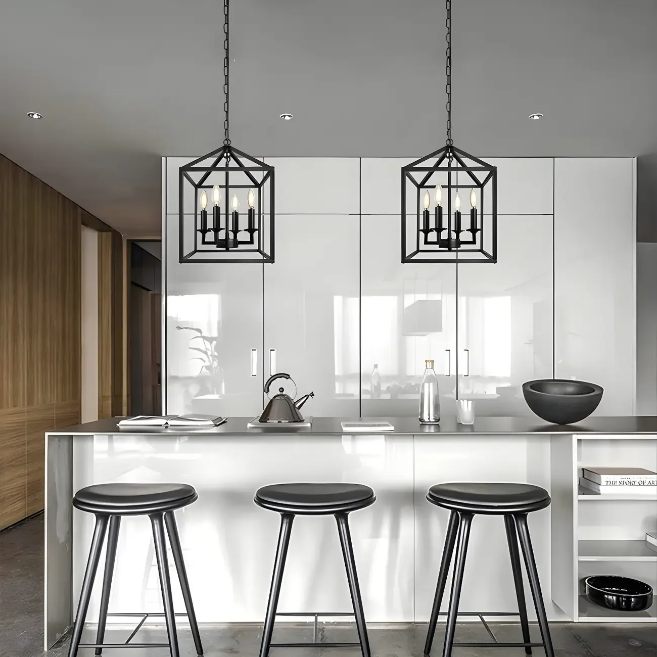 Industrial Black Metal Square Caged Kitchen Pendant Chandelier