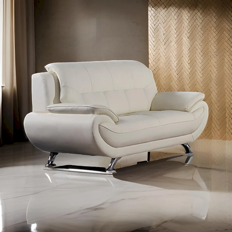 Deni 67 Inch Loveseat, Tufted Ivory Real Leather, Chrome Metal Legs