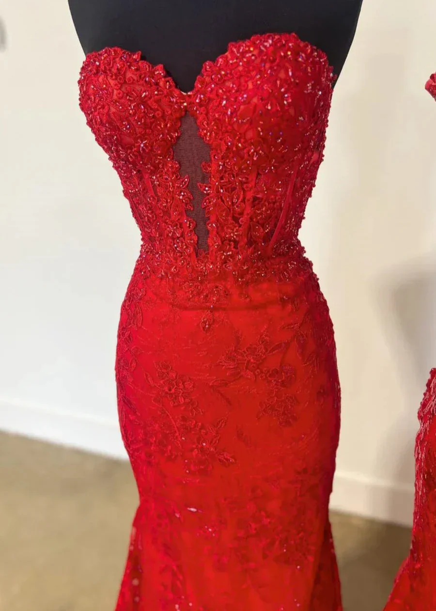 Black Sweetheart Lace Appliques Mermaid Long Prom Dresses