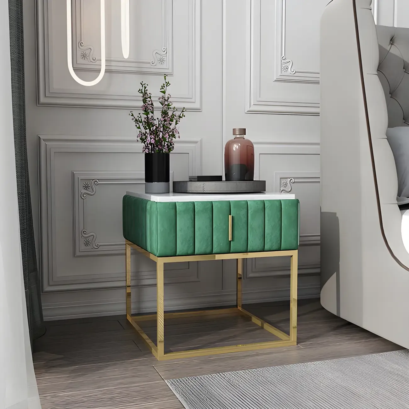 Glam Genuine Marble Nightstand with Drawers & Metal Base