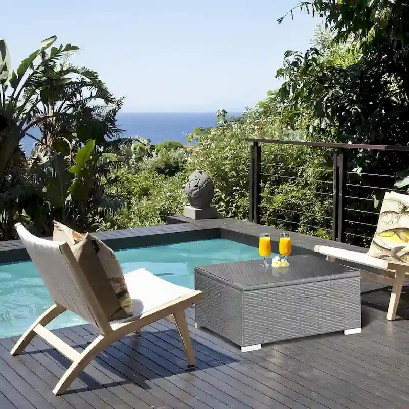 Outdoor Patio Wicker Square/Rectangular Coffee Table with Tempered Glass Top