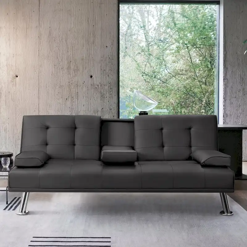 Futon Sofa Bed Convertible Lounge Couch Sofa with Cupholders & Pillows