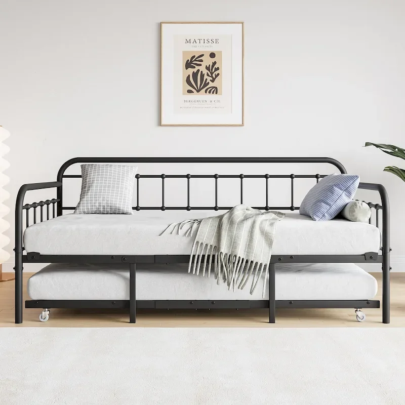 Black Metal Twin Size Daybed with Roll-Out Trundle and Steel Slat Support (2 People Assembly)