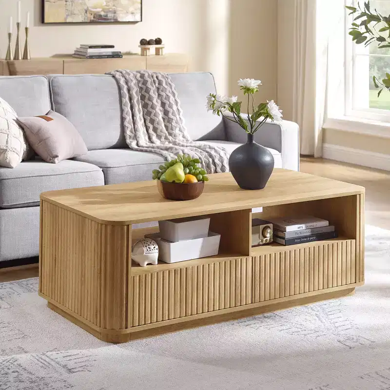 Coffee Table with Storage, 51 Fluted Wood Center Table with 2 Drawers, Large Rectangle Living Room Furniture, Modern Fluted Design
