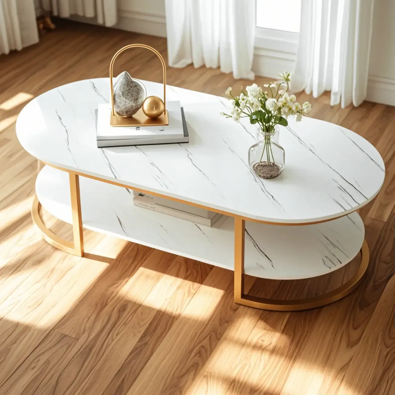 White Wood Oval Shelves Storage Sled Coffee Table