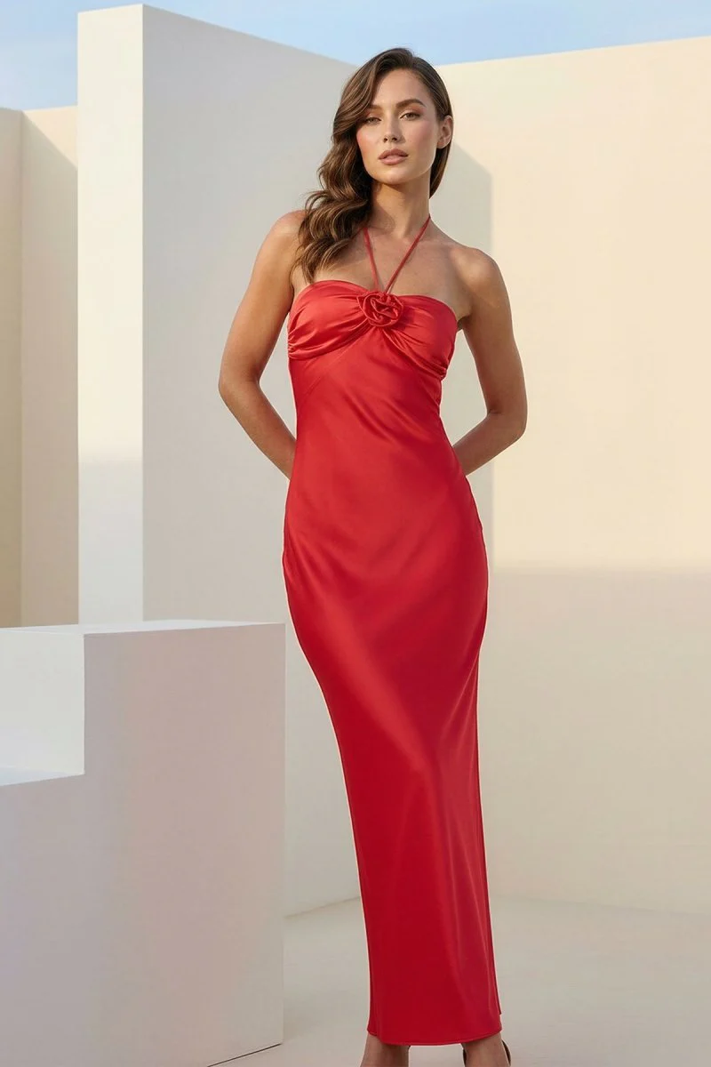 Red Halter Sheath Satin Long Formal Prom Dresses With Flower