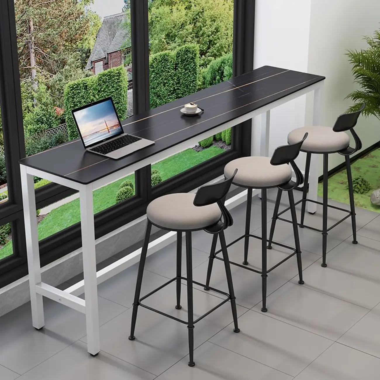 Modern Dove Grey Stone Top Steel Footrest Bar Tables