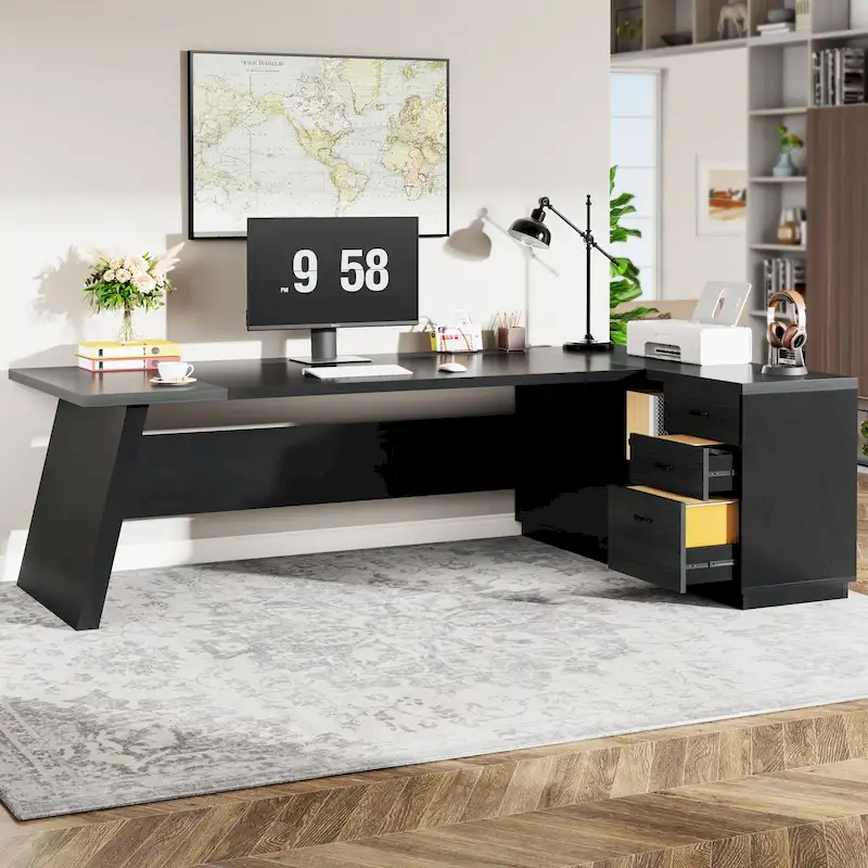 78.7-inch L Shaped Executive Desk with Drawers and Lateral File Cabinet