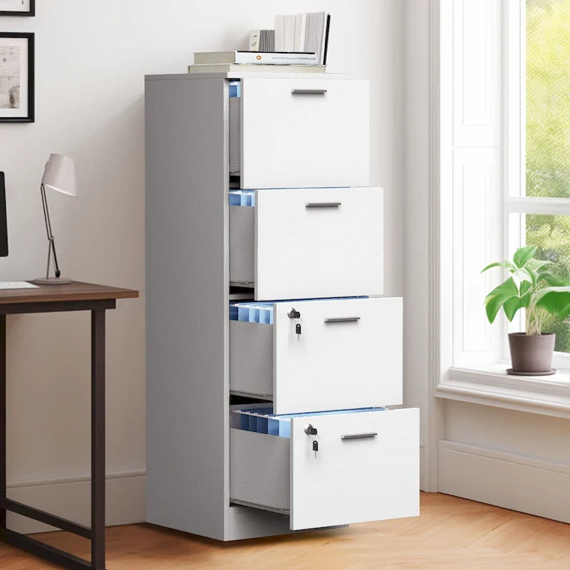 White / Black Vertical 4-Drawer File Cabinet with Lock for Letter and A4 Files