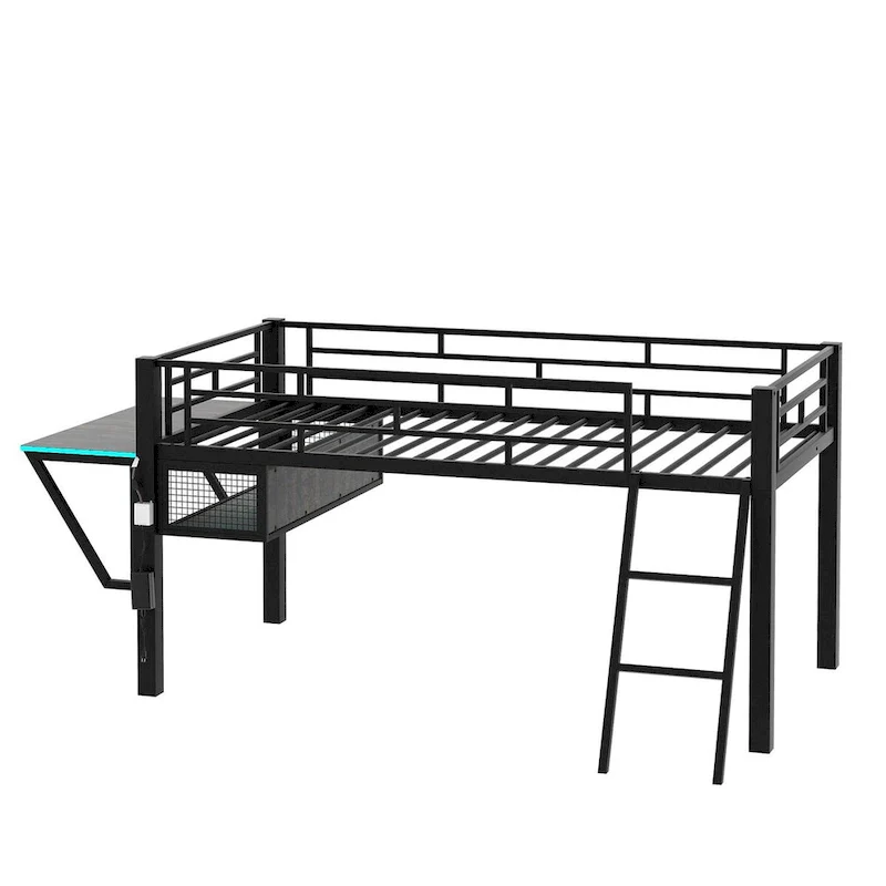 Black Twin Gaming Loft Bed with Desk, Single