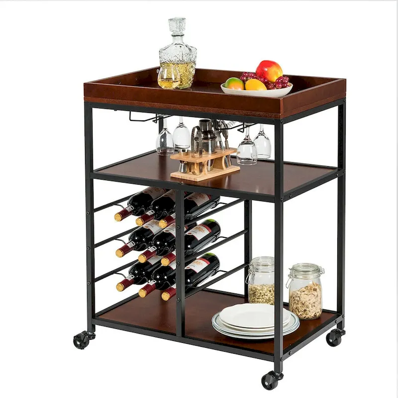 Gymax 3 Tier Storage Kitchen Trolley Utility Bar Serving Cart w/Wine