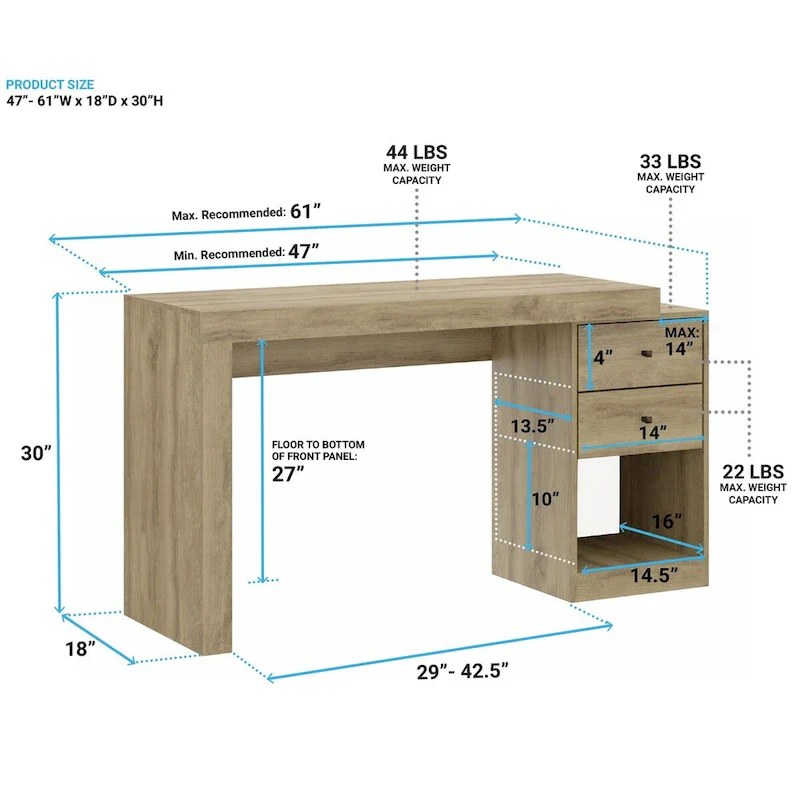 Modern Designs Expandable 47 to 61 Inches Long Home Office Desk