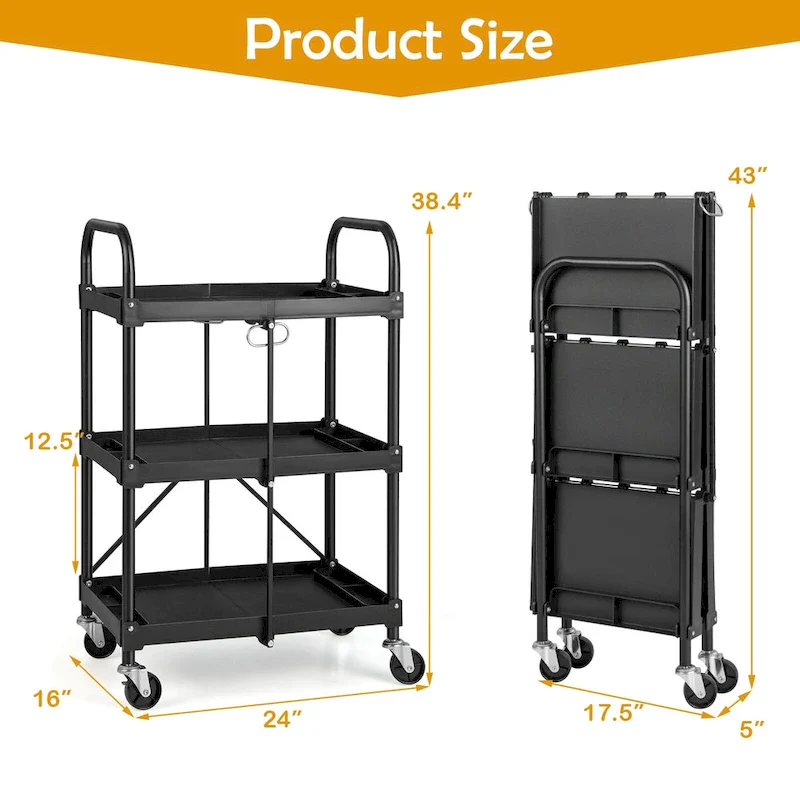 Costway Folding Collapsible Service Cart Heavy-Duty 3-Shelf Tool Cart - 24 x 17 x 38 (L x W x H)